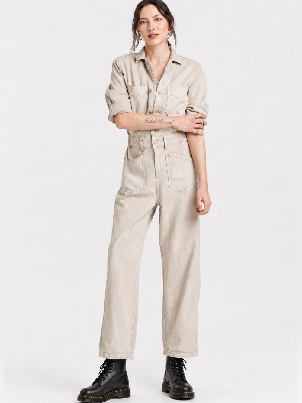 Utility Jumpsuit Beige Wide Leg Boiler Suit Minimalist New w/ Tags Pockets!